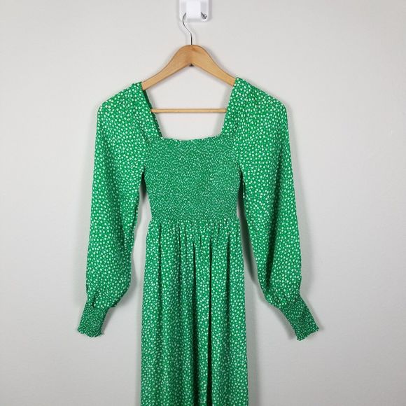 Rixo Marianne Green Micro Floral Smocked Prarie Silk Blend Midi Dress Size XXS - Picture 11 of 14